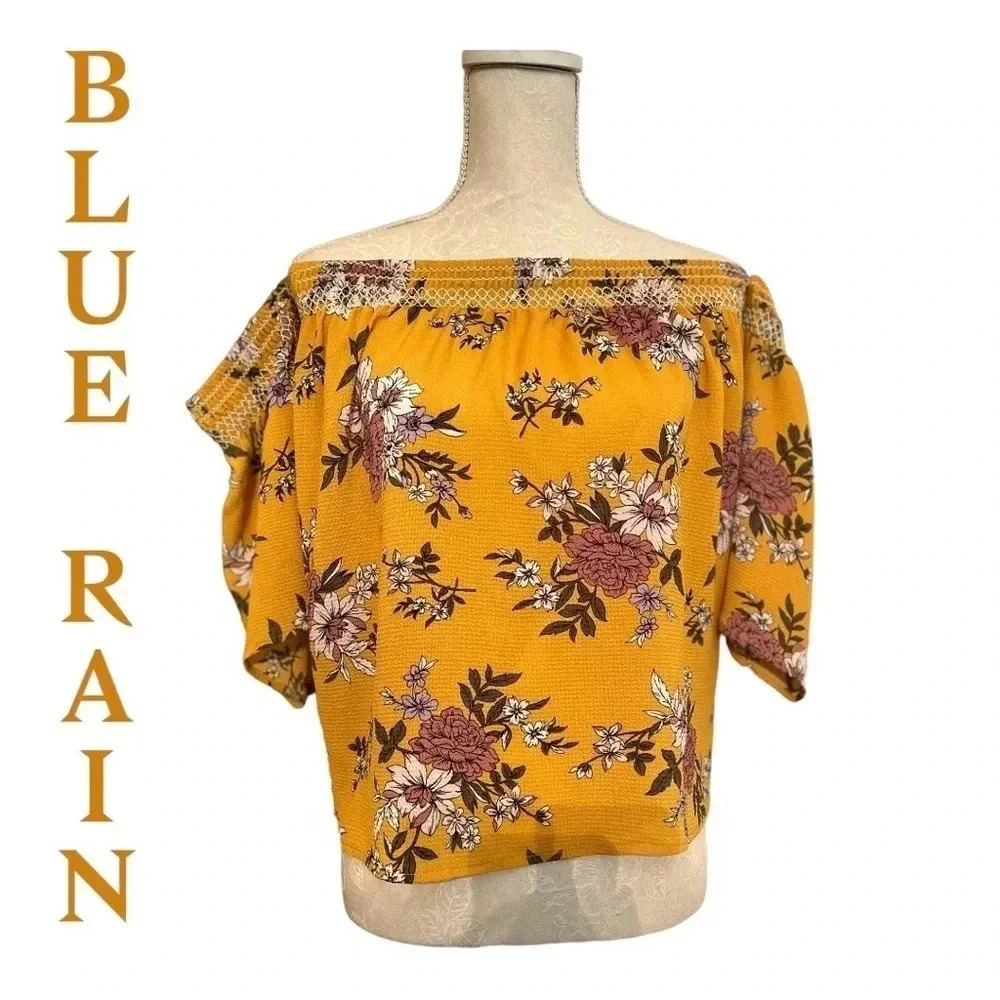 Francesca’s Floral Yellow Blue Rain Off the Shoulder top NWT size‎ S
